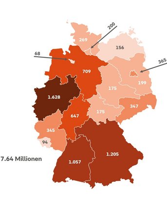 Karte von Deutschland mit Zahlen der Beschäftigten im Gesundheitssektor