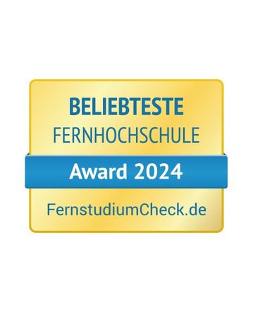 [Translate to Österreichisch:] Beliebteste Fernhochschule 2023 von FernstudiumCheck.de sowie Siegel der FIBAA Akkreditierung