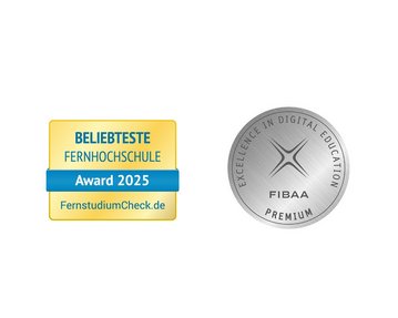 Beliebteste Fernhochschule von FernstudiumCheck.de sowie Siegel der FIBAA Akkreditierung